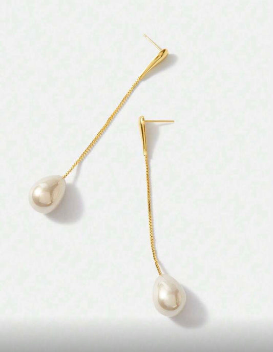 18K Gold Plated Drop Pearl Earrings — Delicate Movement, Timeless Elegance