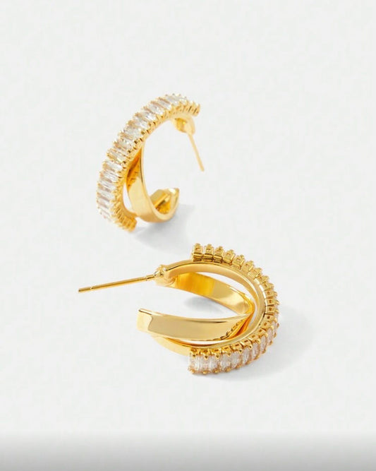 18K Gold Plated Double Hoop Earrings with Cubic Zirconia — Modern Elegance, Timeless Shine