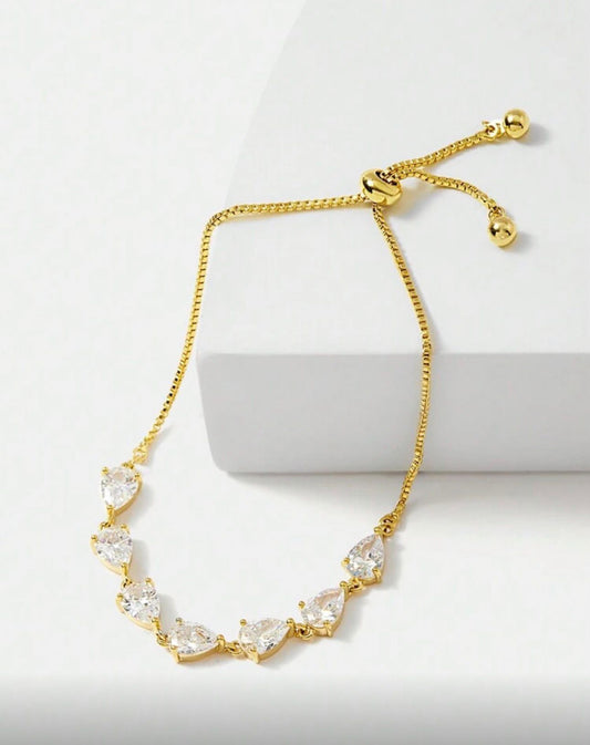 18K Gold Plated Adjustable Bracelet with Pear-Cut Cubic Zirconia — Graceful Sparkle, Timeless Charm