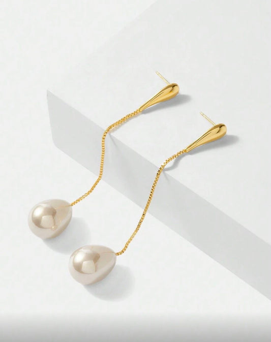 18K Gold Plated Drop Pearl Earrings — Delicate Movement, Timeless Elegance